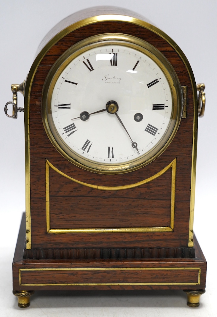 A rosewood brass inlaid eight day mantel clock with enamel dial inscribed Gantheny, Cheapside, with pendulum, no key, 22cm high. Condition - fair to good, not tested as working